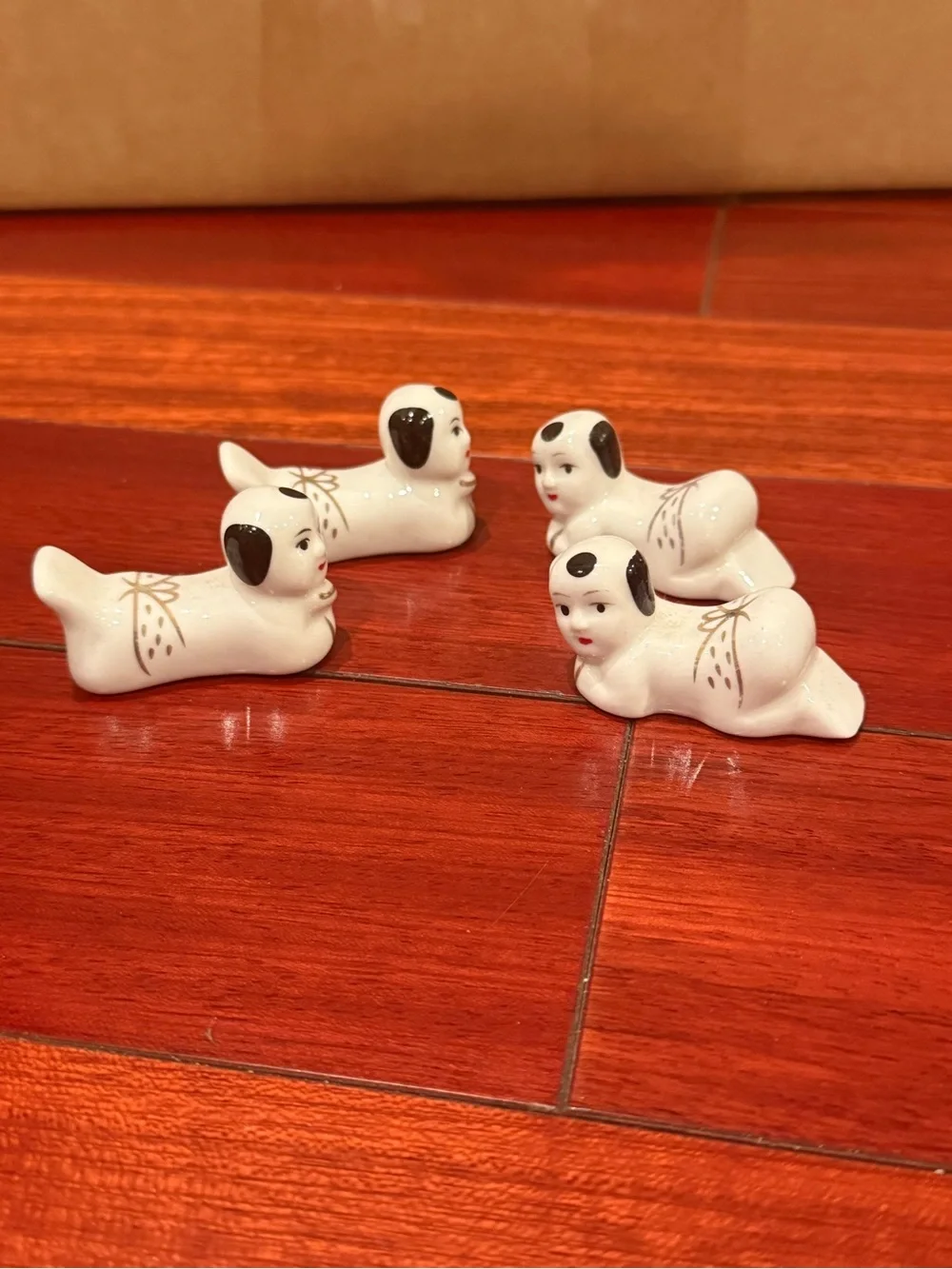 Vintage Ceramic Baby Dog Chopstick Rests Set of 4 - White with Black Accents